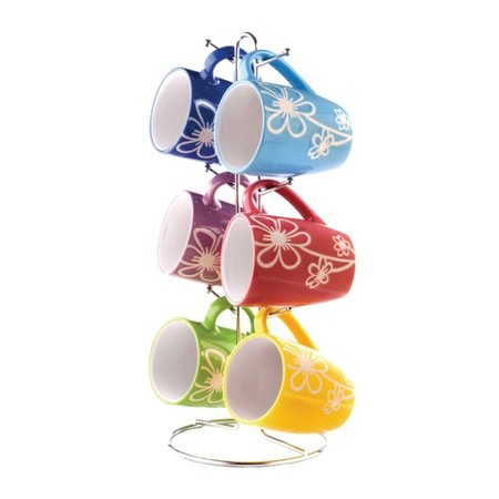 HDS TRADING 6 Piece Daisy  Mug Set with Stand, MultiColor ZOR95986